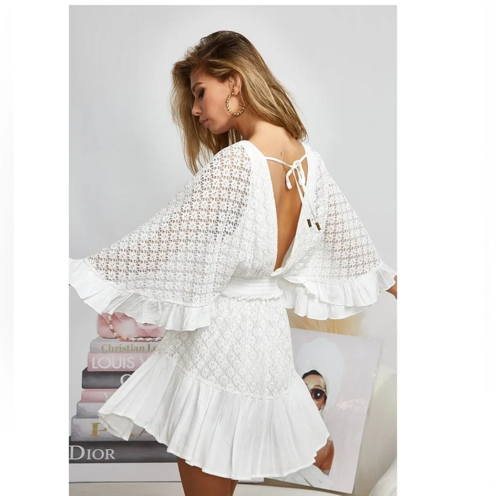 838. LAST 1! Bibi Lace Bohemian White CLEARANCE button flutter dress romper - Picture 4 of 8